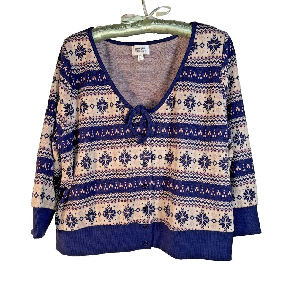 NWT Unique Vintage Women-4x  22/24 Snowflake  Fair Isle Button  Cropped Sweater
